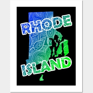 Colorful mandala art map of Rhode Island with text in blue and green Posters and Art